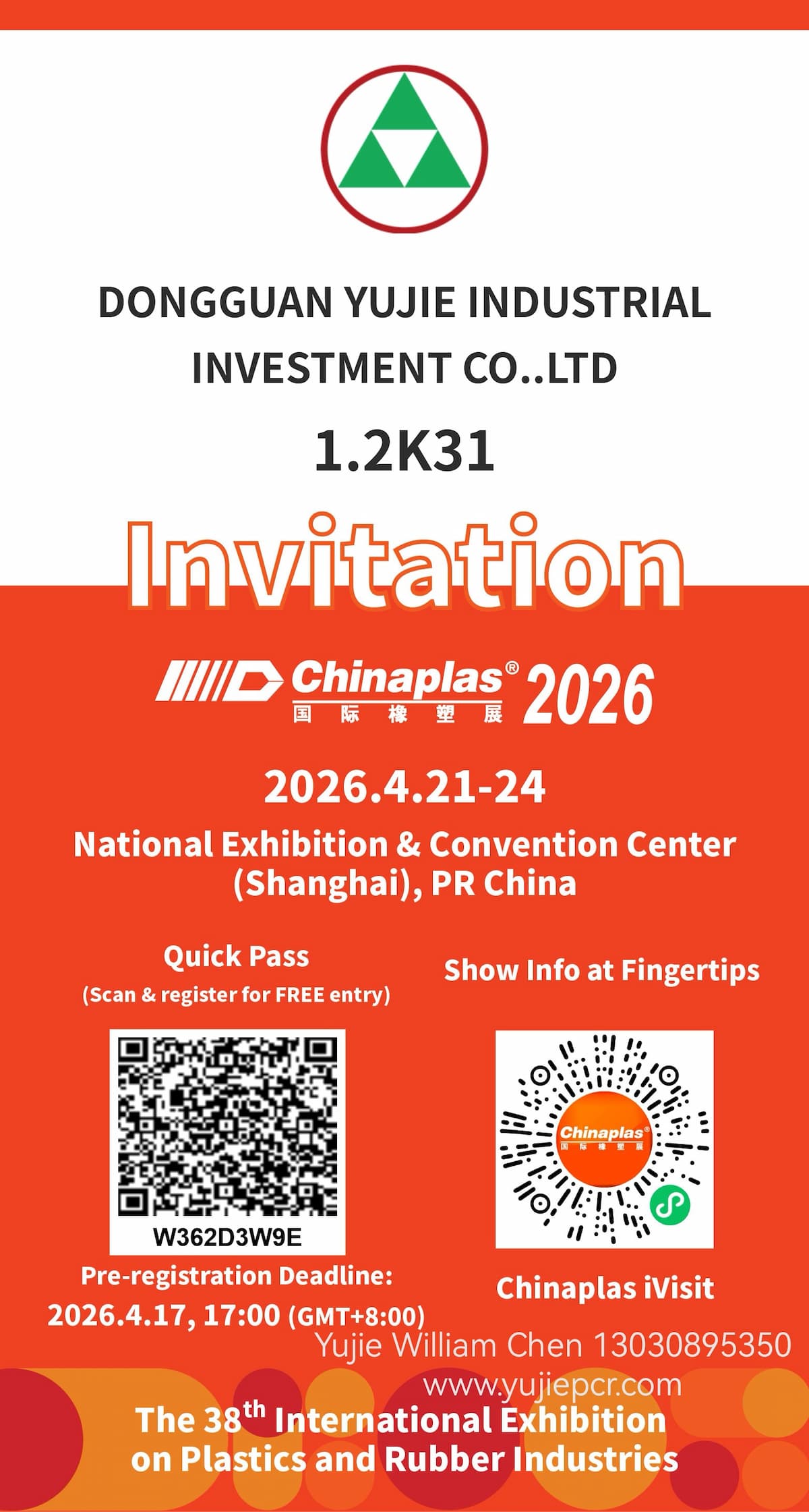 Chinaplas 2026 in Shanghai, China. Willkommen an unserem Yujie PCR-Stand.