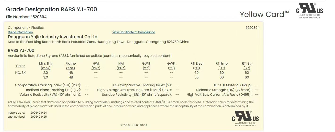 Yujie Industry hat als erstes Unternehmen die PCR-Serie RABS und die UL 94 Yellow Card erhalten.